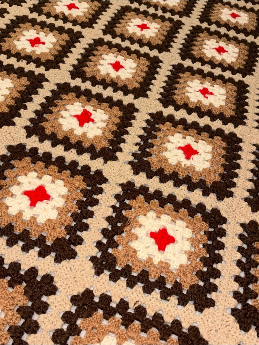 Handmade Brown & Cream Crochet Throw with Red Accents